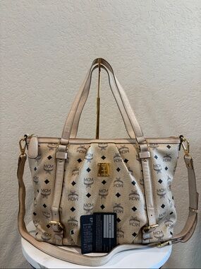 MCM Beige Monogram Canvas Crossbody Tote with Gold Hardware